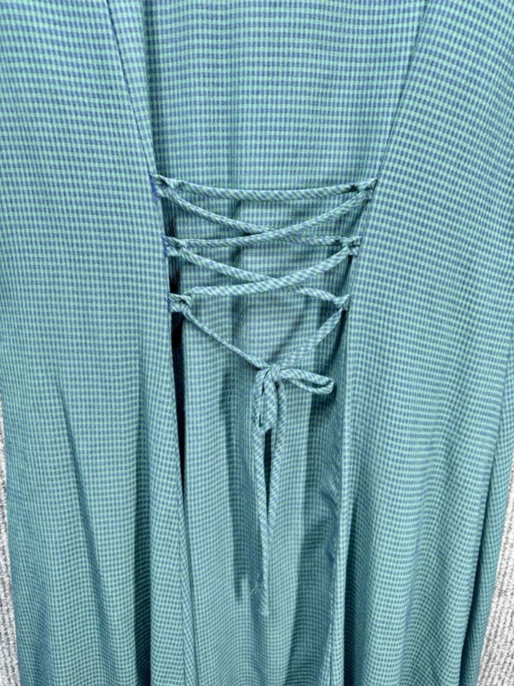 Vintage DBY Dress Womens 11 Green Blue Gingham Midi Sheath Button Front Tie Back - Picture 3 of 9